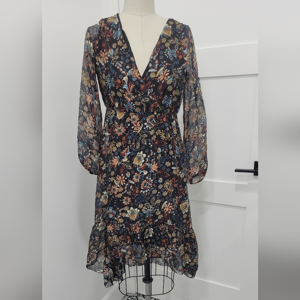 Elena Baldi Italian Silk Blend V-Neck Long Sleeves High-low Hem Floral Dress XS
